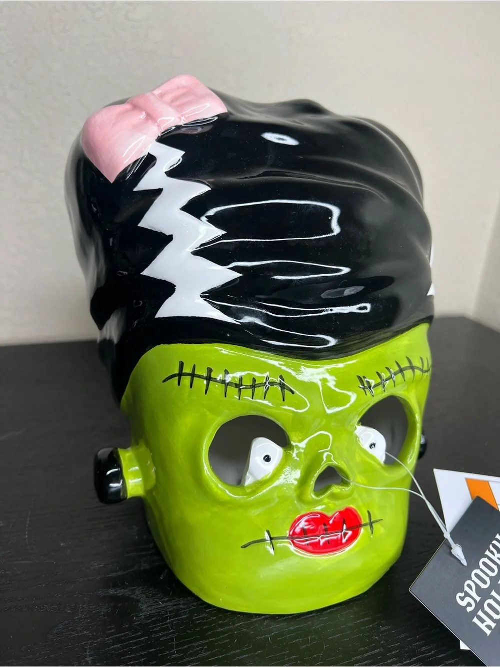 NEW 8” Spooky Hollow Ceramic Light Up Bride of Frankenstein Head Decor
